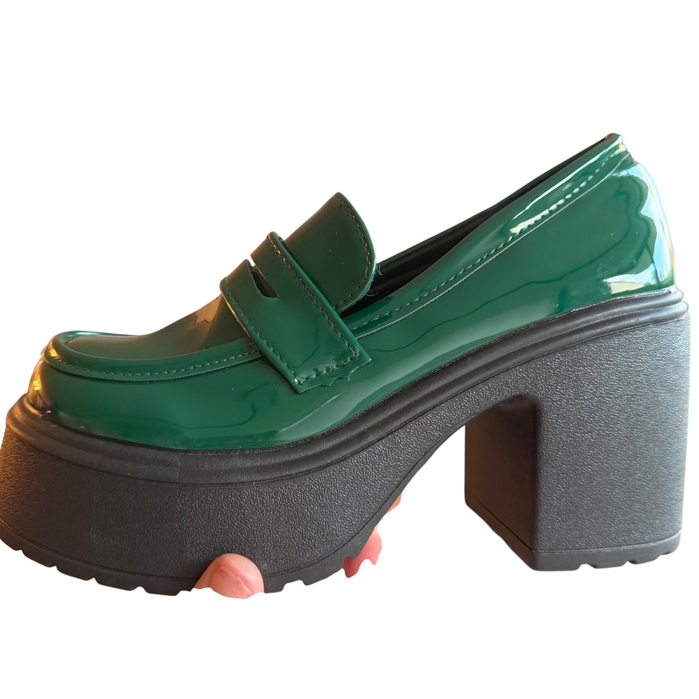 Green Platform Loafers Chunky Lug Sole Y2K Aesthetic Dark Academia Retro US 7.5 - Picture 2 of 8